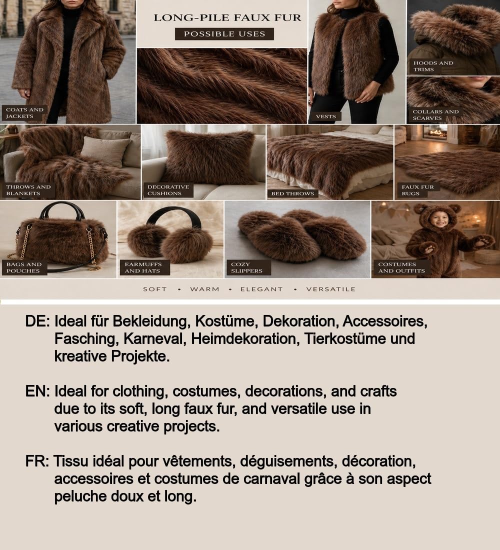 Fabrics-City golbbraun Mammutfell Stoff über 11cm Langhaar Zottel Fell für Dekoration, Cosplay, Tierkostüme, Heimtextilien, Bastelprojekte, Tierliebhaber, Sammler, 3212