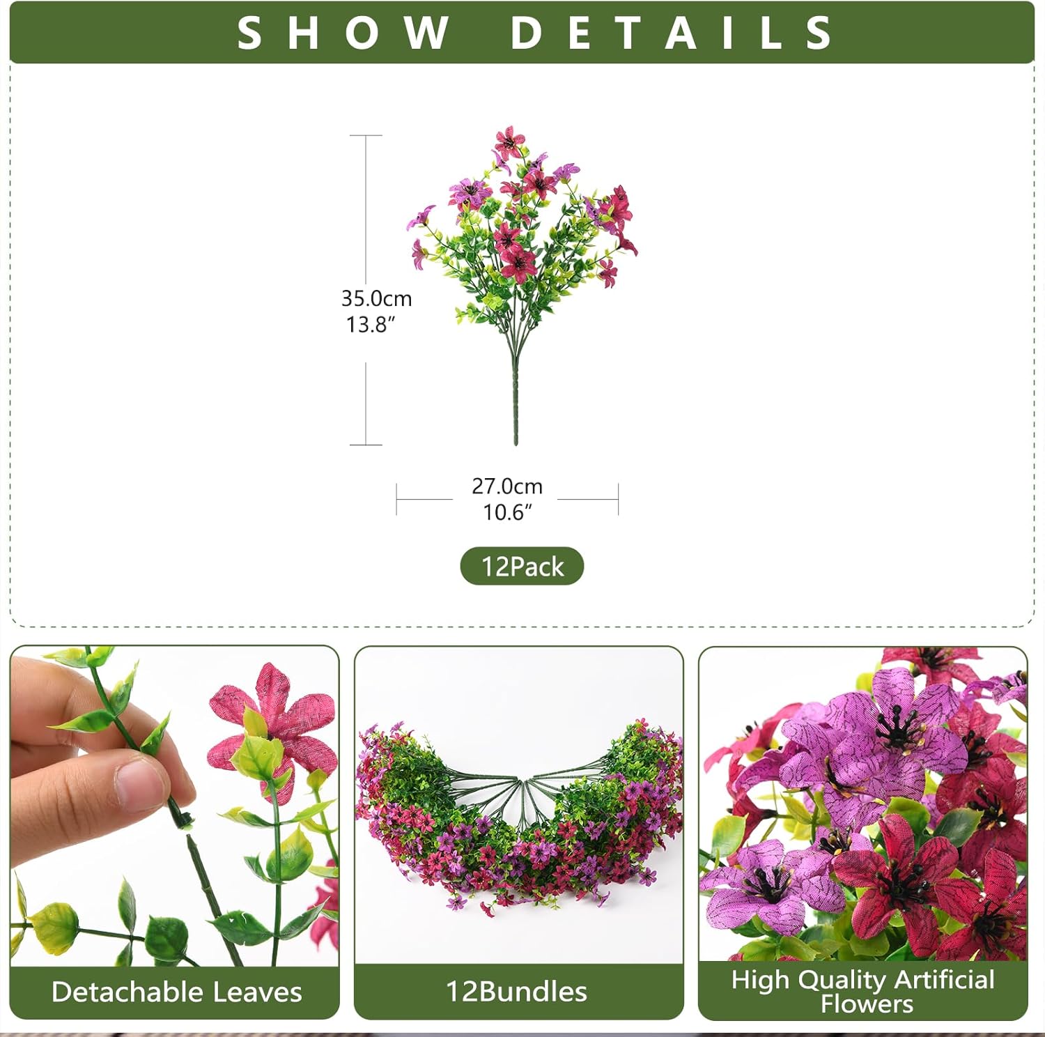 Artificial Fake Outdoor Plants Flowers for Spring Decoration, 12 Bundles UV Resistant Faux Daisy Silk Flower with Eucalyptus Stem for Outside Planters Porch Patio Yard Garden (Light Purple Fuchsia) - Image 2