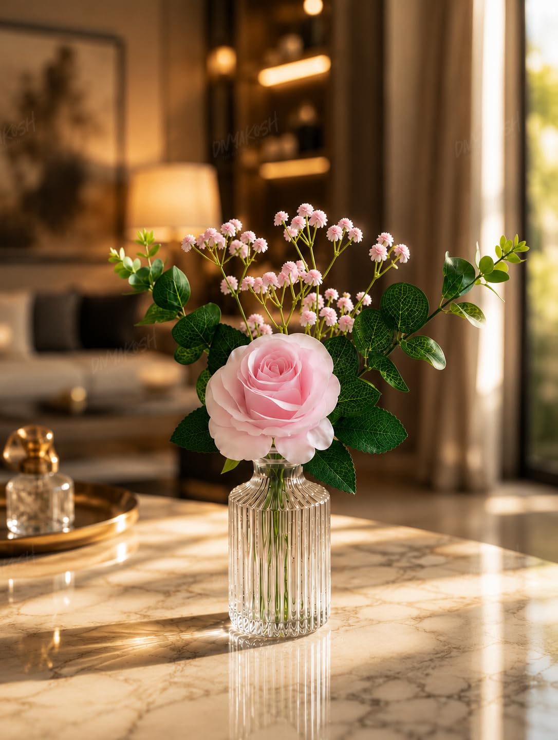 Divyakosh Artificial Pink Rose Flower Bunch with Glass VASE (1 Big Rose + Baby Breath) | Realistic Faux Floral Bouquet with Green Leaves & Baby Breath | Home Decor for Living Room, Bedroom, Office
