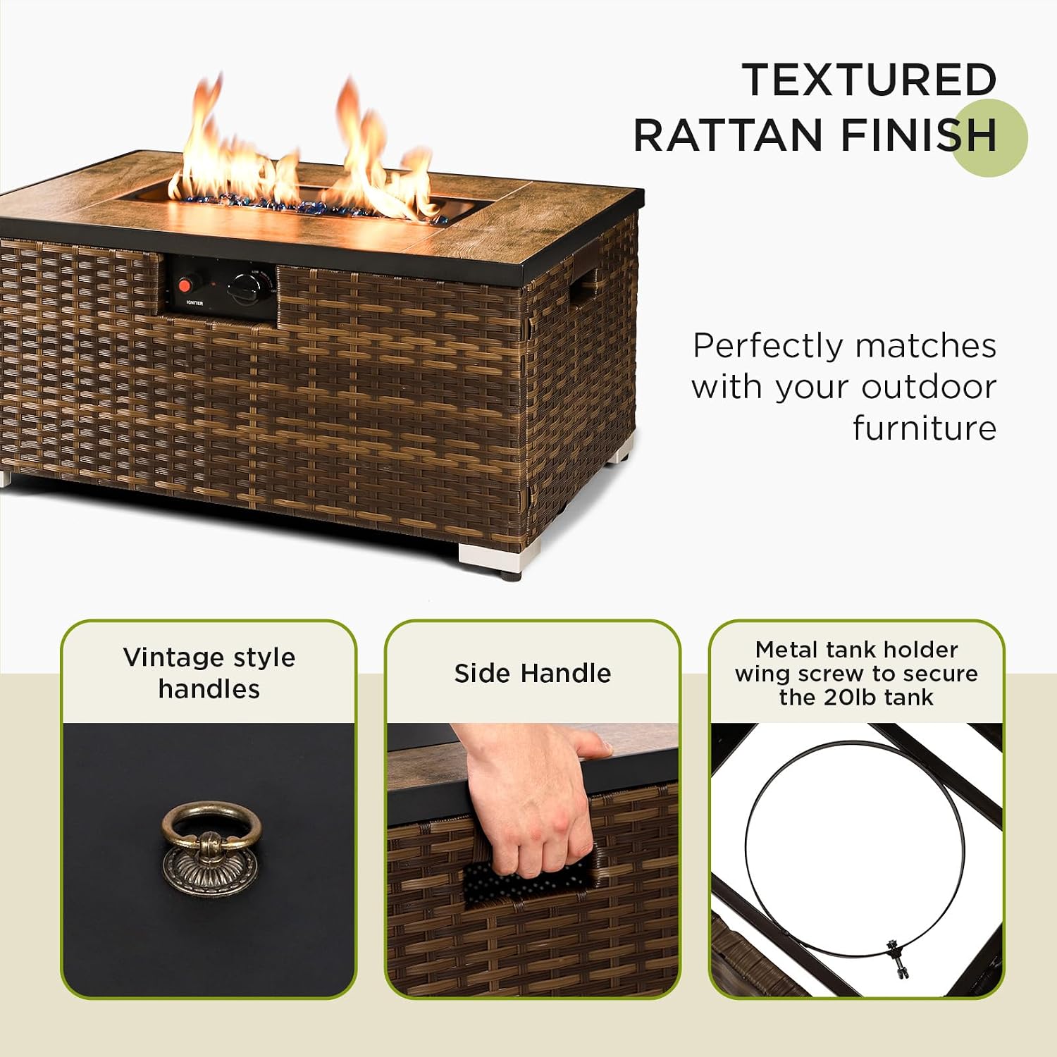 2-Piece Outdoor Propane Fire Pit Table w/Tank Holder, 32inch Handmade Rattan Wicker Firepit Ceramic Tabletop with Steel Lid 40,000 BTU Rectangle Fire Table Set for Patio, Deck, Backyard (Brown)