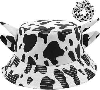 Unisex Cow Bucket Hat with Cute Horn Ears Cow Print Fishermans Hats