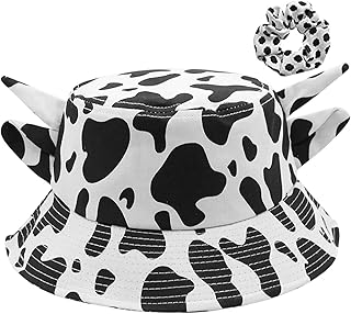 Unisex Cow Bucket Hat with Cute Horn Ears Cow Print Summer Fisherman's Hats Print Sun Cap for Women with Uv Protection