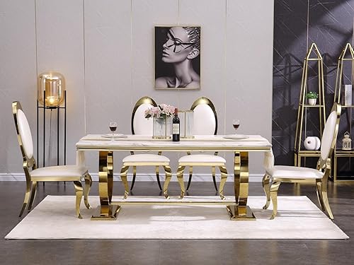 Miniatura 14 de ACEDÉCOR Juego de mesa de comedor moderno de 5 piezas con 4 sillas de comedor de cuero negro, mesa de comedor con base en U de metal de acero