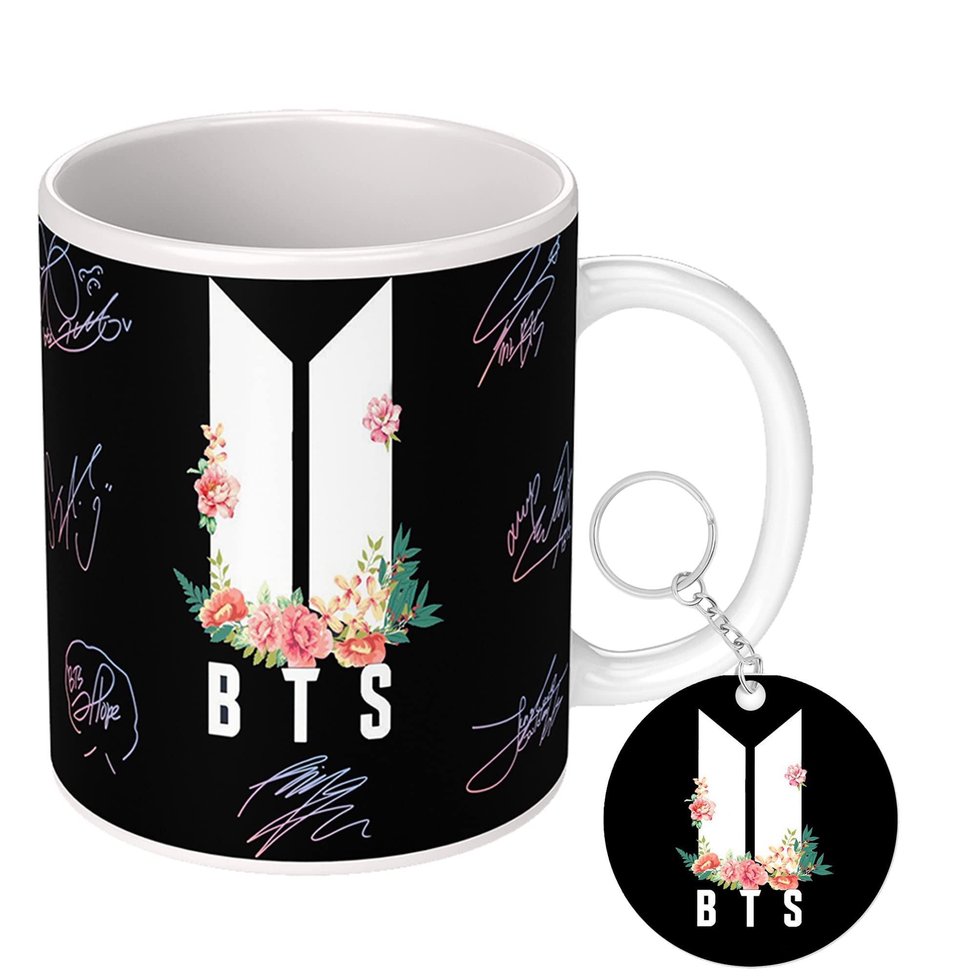 CHHAAP BTS Girly BTS Mug with Keychain Signature Army BTS Combo Music Band V Suga J-Hope Jungkook Jin Jimin Rm Gift for Girl Boy HD Printed Microwave Safe Coffee Mug 350 (Pack of 2)(BTSM-20)