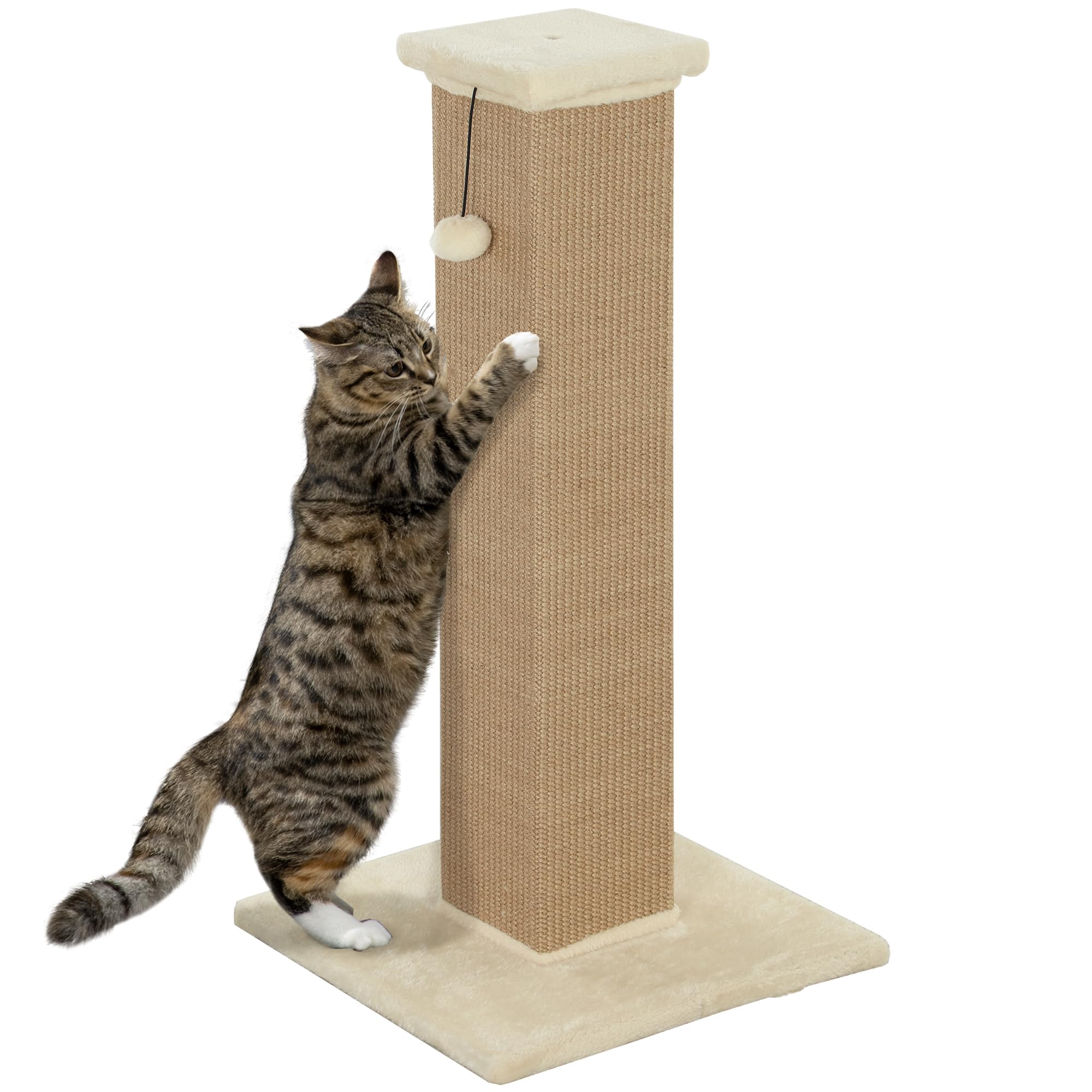 PawHut Rascador para Gatos Altura 81 cm con Poste de Yute y Bola Colgante 41x41x81 cm Beige