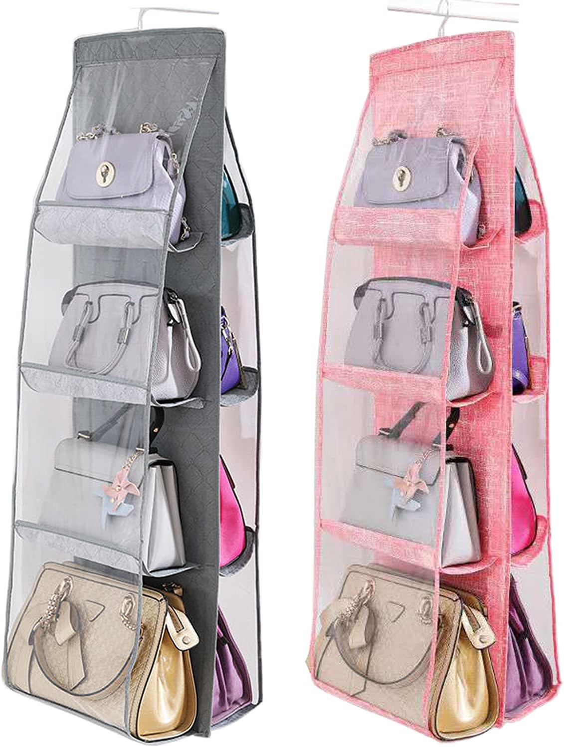 AARAINBOW 2 Packs Hanging Handbag Purse Organizer for Closet, Womens Purse Storage Organizers, Hand Bag Organizer Holder 8 Pockets Space Saving, 46 L x 13.8W (C-Gray Pink)