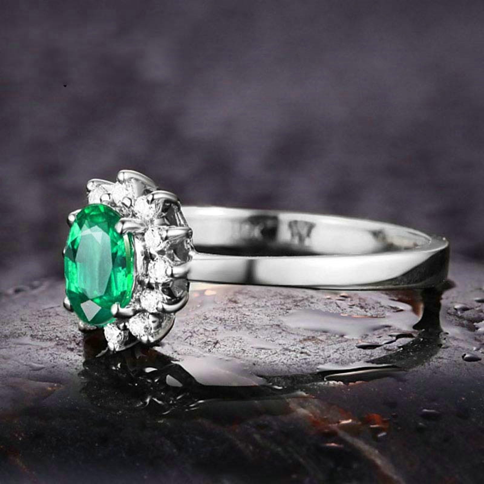 Anelli di Matrimonio Oro Bianco 14K, Anello Donna Fidanzamento Classico Fiore 0.45ct-1.3ct Ovale Smeraldo Sintetico e Moissanite Anello per Fidanzata, Sposa Oro Bianco