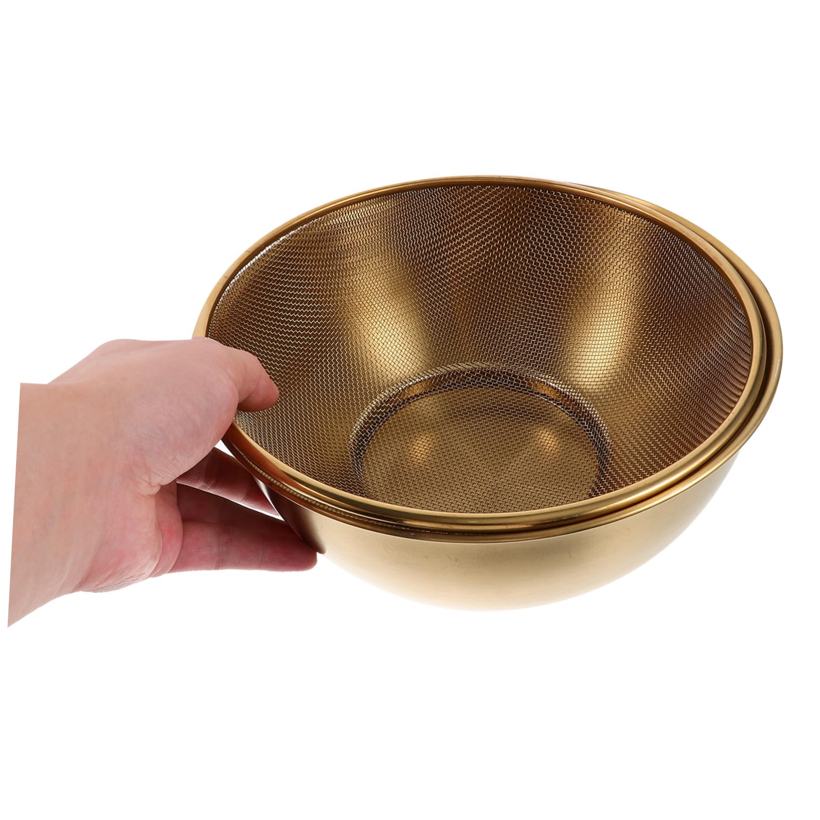 Colador de Acero Inoxidable Dorado 22cm, Juego de 2 Piezas | Cuenco para Escurrir, Malla para Arroz y Fruta, Uso Diario y Camping, Almacenamiento Práctico