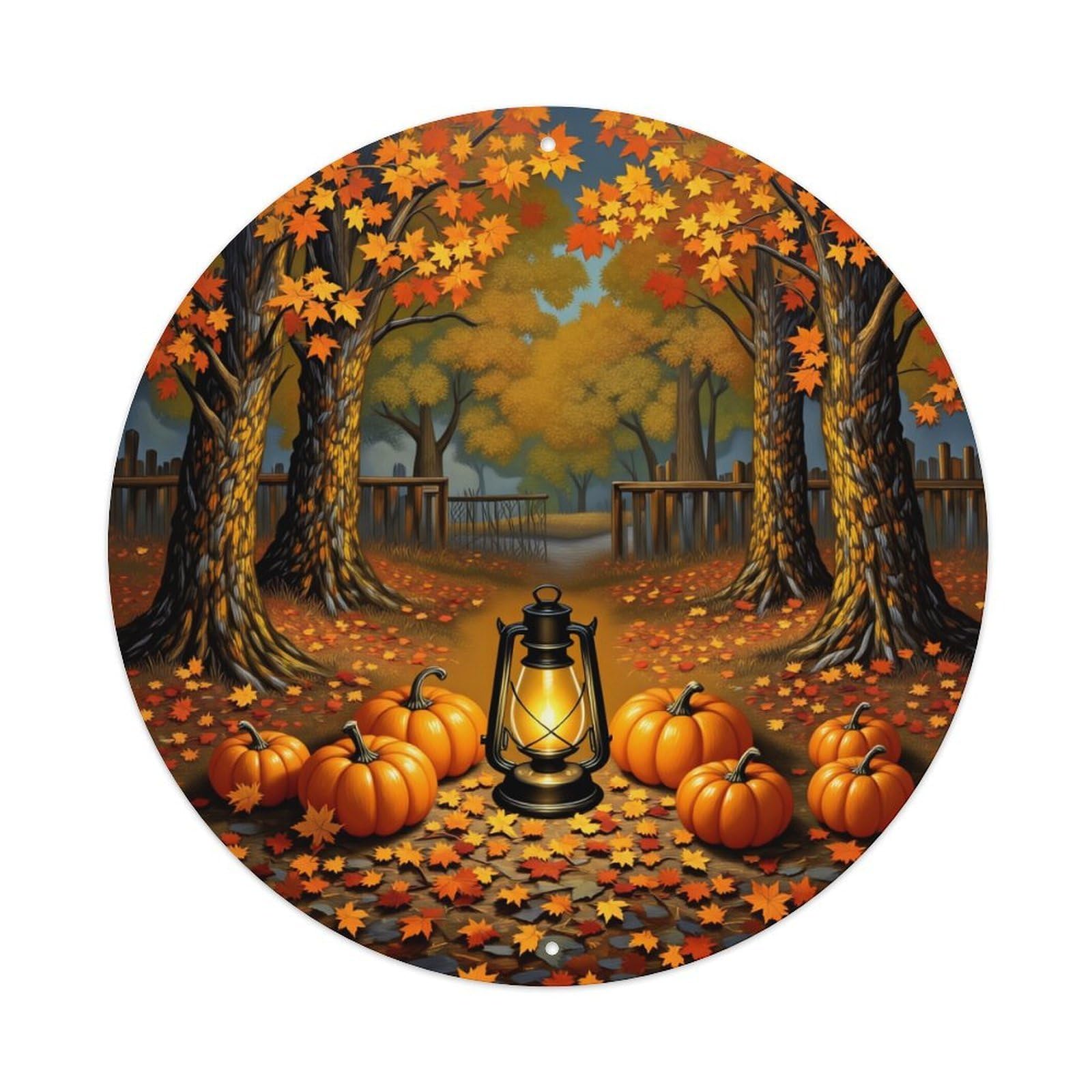 Autumn Leaves Pumpkins Lantern Trees Round Tin Sign Vintage Metal Poster, Home Bar Garage Man Cave Cafe Indoor & Outdoor Wall Decoration 8x8Inches