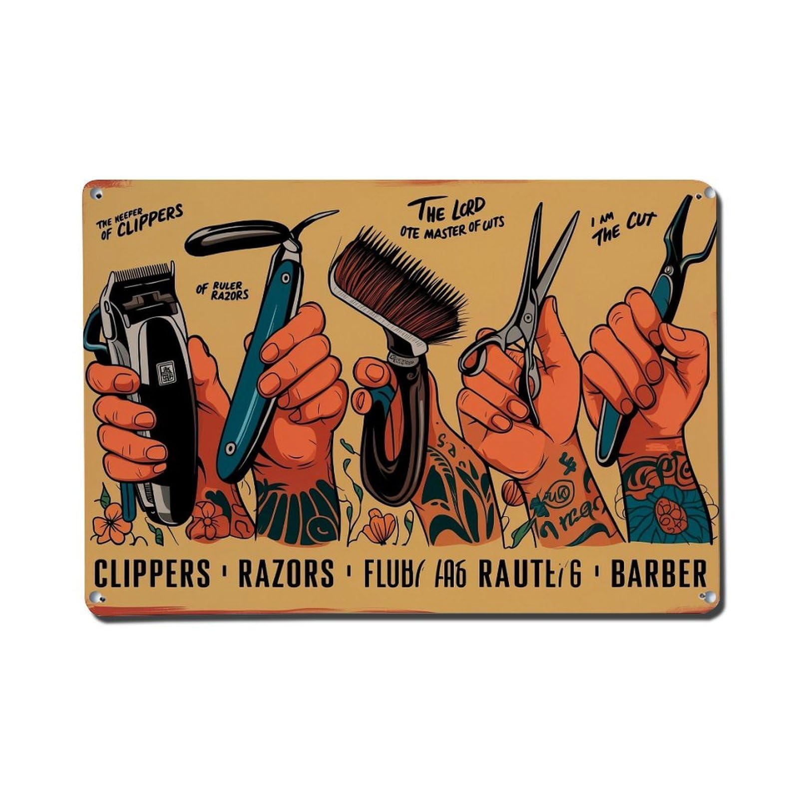 Clippers Razors Fluff Rauter Barber Vintage Tin Sign Retro Metal Wall Decor Metal Poster, Home Bar Garage Farmhouse Cafe Wall Art Decoration 8x12Inches
