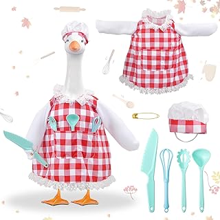 yuboo Chef Porch Goose Outfit, Red and White Checkered Dress, Chef Hat & Cutlery 5 Set Porch Goose Clothes for 17''-23'' C...
