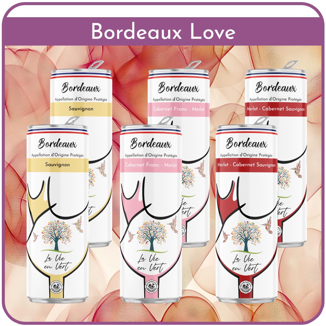 Box "Bordeaux Love" 6 canettes de Vin connectées (25cl) La Robe du Vin- AOP Bordeaux HVE -2x25cl Blanc+ 2x25cl Rosé+ 2x25cl Rouge - Connectées offrant 10 min de vidéo en immersion