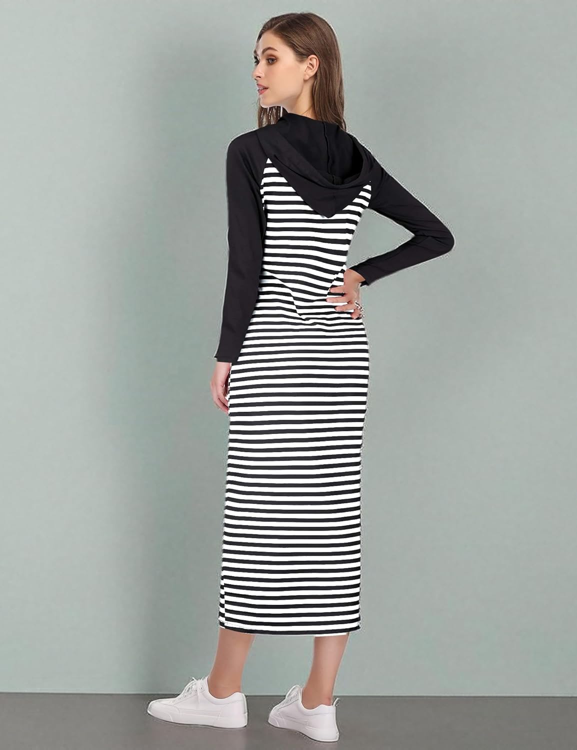 MISSKY Women's Casual Pocket Slim Pullover Hooded Maxi Dress (RaglanLongs B&W,2XL - Image 5