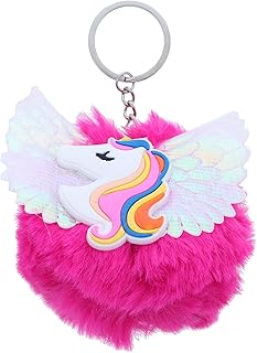 Hot Pink Silicone Unicorn Charm With Shiny Wings Pom Pom Keychain