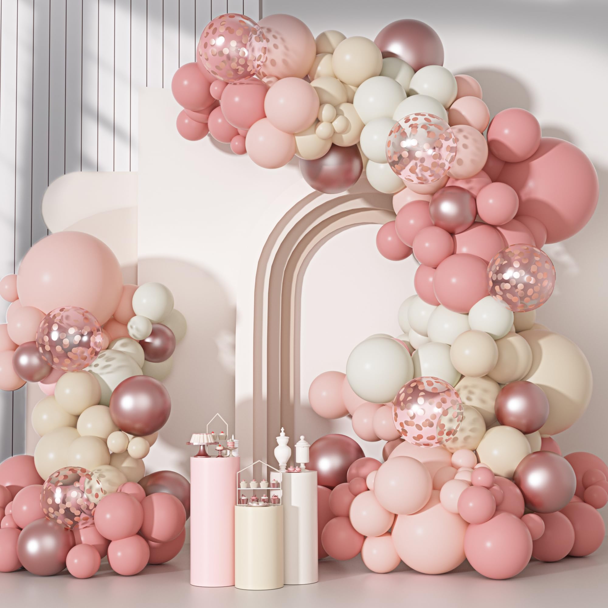 Ouddy Party Dusty Pink Balloons Arch Garland Kit, Different Sizes 18 12 10 5 Inch Boho Pink White Sand Latex Metallic Confetti Balloon for Girl Baby Shower Mothers Day Birthday Party Decorations