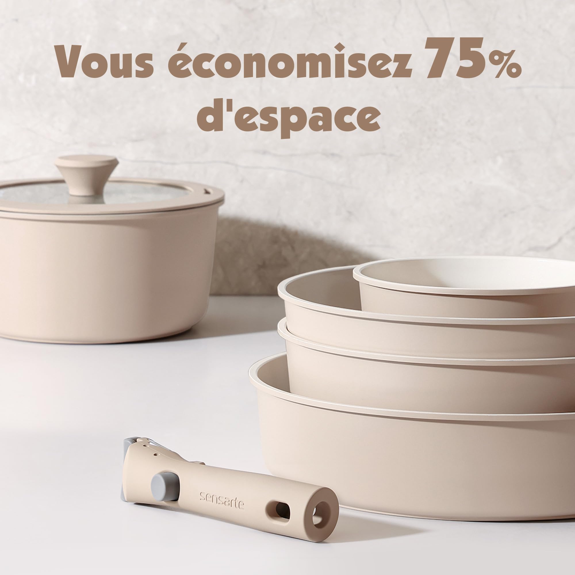 SENSARTE Set de Casseroles et Poêles 17 Pièces - Revêtement Céramique Antiadhésif - Batterie de Cuisine pour Induction/Gaz, Poignées Amovibles, Empilable et Lavable Lave-Vaisselle