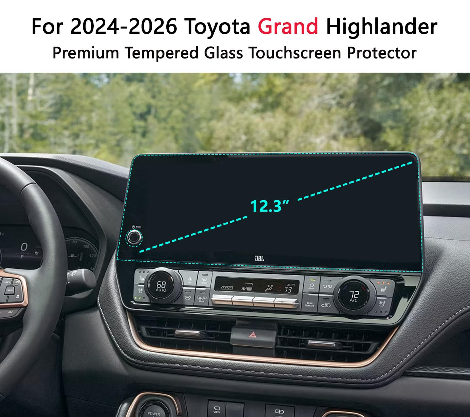 Für 2025 2024 Toyota Grand Highlander Displayschutzfolie Panzerglas für Grand Highlander Hybrid XLE/Limited/Platinum 12,3 Zoll Navigation Touchscreen Zubehör High Clear