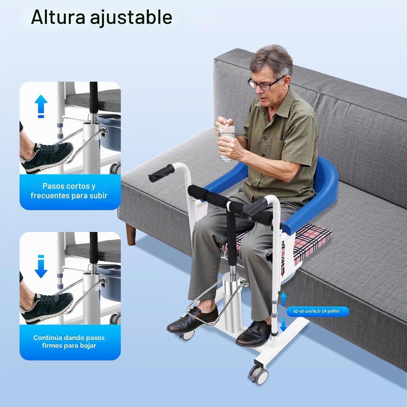 Elevador de pacientes hidráulico, silla de traslado, silla de ducha, asiento de inodoro, apertura de 180°, altura regulable, carga de 90 kg, con orinal, ruedas con frenos, para personas mayores, azul