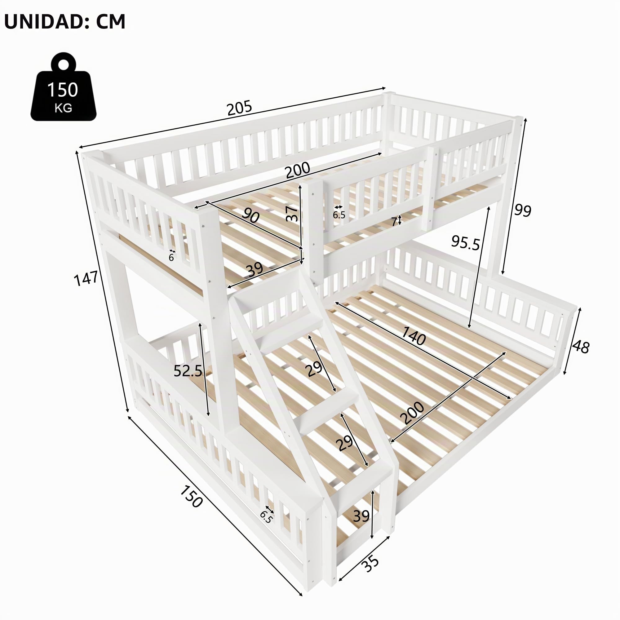 Litera Infantil 90x200 cm & 140x200 cm, Cama Literas Matrimonio con Escalera y Barandillas, Litera Matrimonio para 2 Niños, Estructura de Cama Doble de Madera, Blanco, Sin Colchón