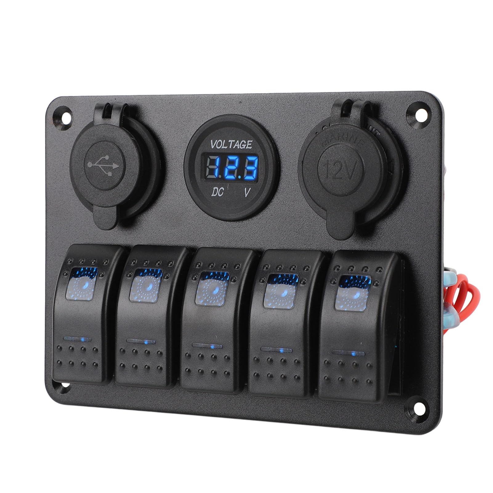 Pannello Interruttori a Bilanciere Marino a 5 Gruppi Pannello Interruttori Impermeabile in Lega di Alluminio 12V a 24V con Porte USB Voltmetro per Barche, e Veicoli (BLUE)