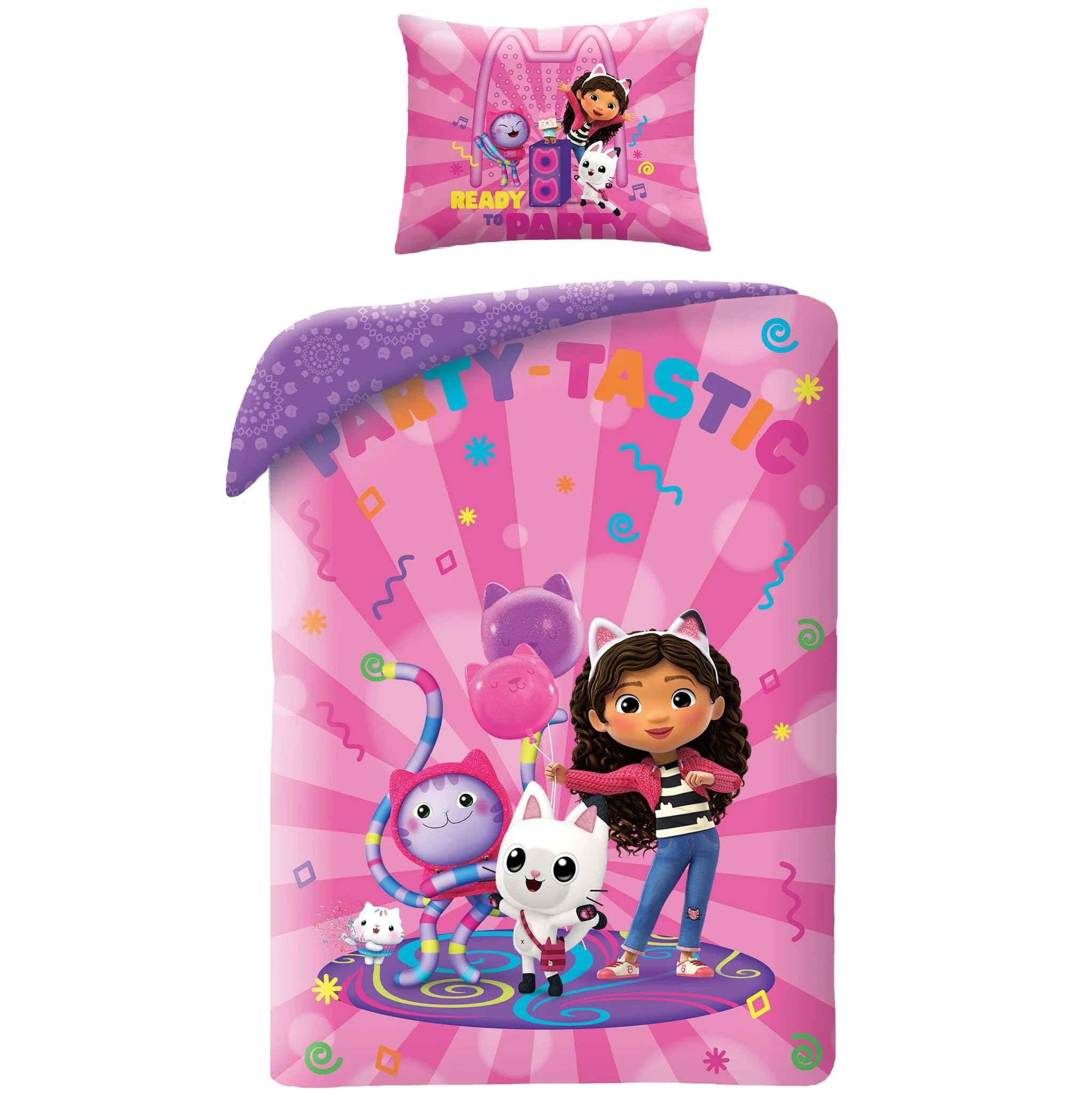 Halantex Gabby's DOLLHOUSE Casa Bambole PARTY TASTIC avec chatons - Parure de lit bébé 100 x 135 cm, 100 % coton Oeko-Tex - Multicolore