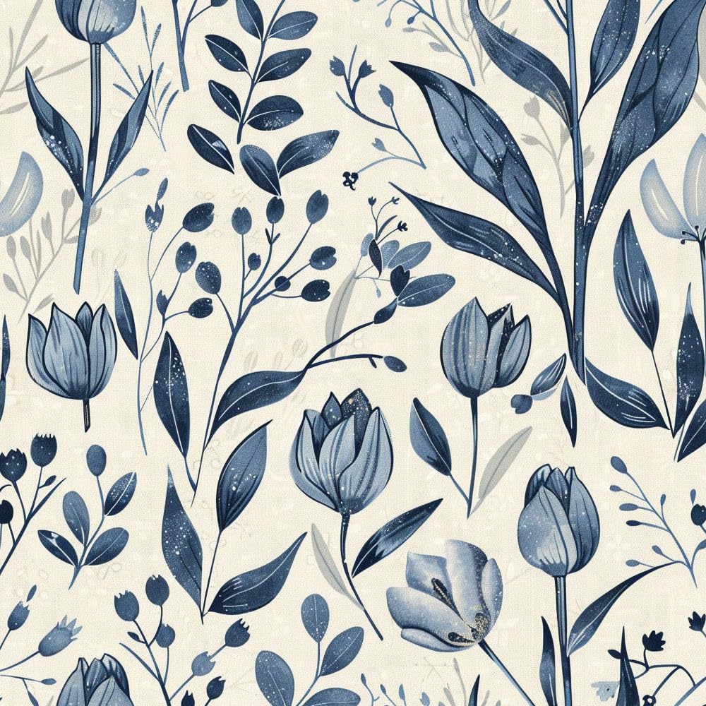 Carta Da Parati Autoadesiva Tulipano Fiore Blu Vintage Carta da Parati Adesiva Muro Carta da Parati per Bagno,Soggiorno,Cucina e Camera da Letto