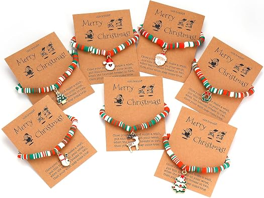 Christmas Bracelet Set for Women, 7 Pieces Heishi Surfer Stretch Bracelets with Card, Holiday Gift