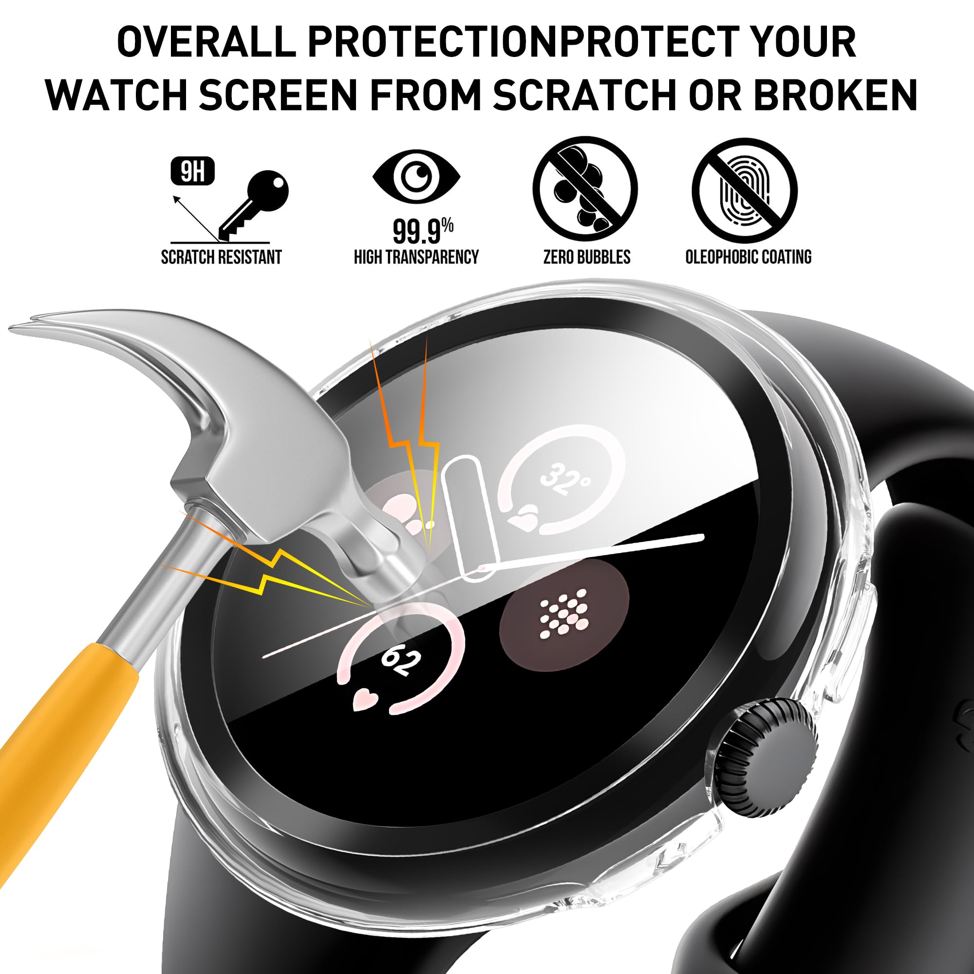 Diruite 3-Pack Screen Protector for Google Pixel Watch 3/2/1 41mm Tempered Glass Case All Around Hard PC Protective Cover,Black&Grey&Transparent - Image 3
