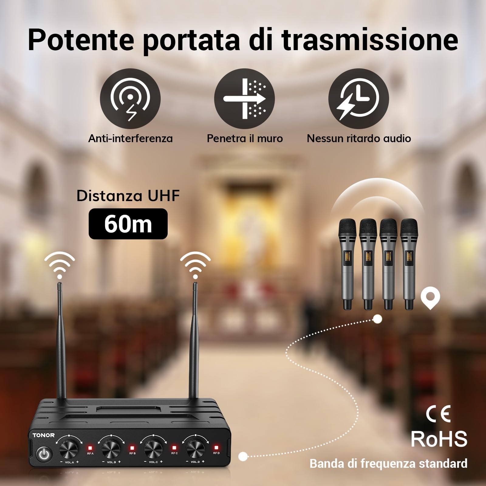 TONOR Microfono Wireless Karaoke con 4x5 Canali, 4 UHF Microfoni Palmare Senza Fili con Portata 60m, Sistema di Microfono Adatto per Canto/Festa/Chiesa/Matrimonio/PA Speaker