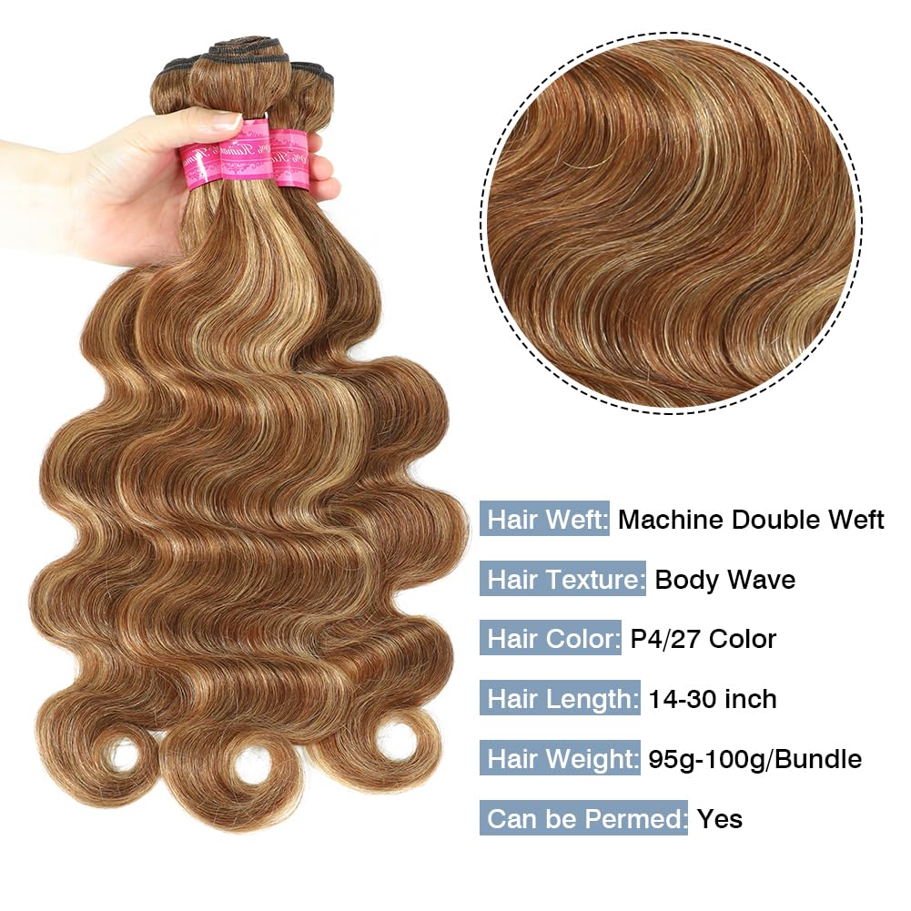 Honey Blonde Highlight Human Hair Bundles 100% Unprocessed Brazilian Virgin Hair Ombre Highlight Body Wave 3 Bundles Human Hair Weft Extensions Piano Color
