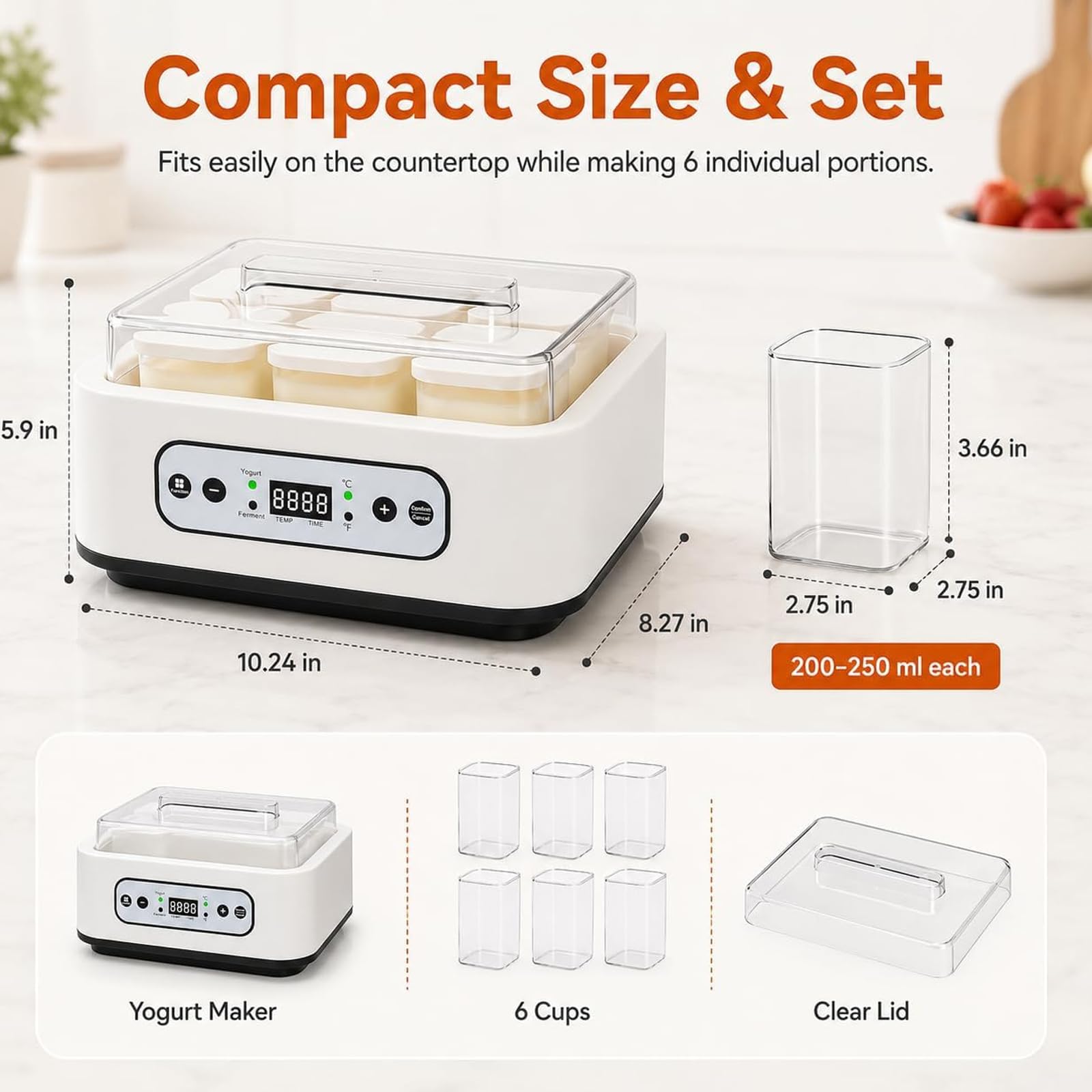 Yaourtière 1000 ml avec 6 pots en verre, machine à yaourt en acier inoxydable avec affichage LED, temps et température réglables sur 36 heures, pour dessert grec fait maison