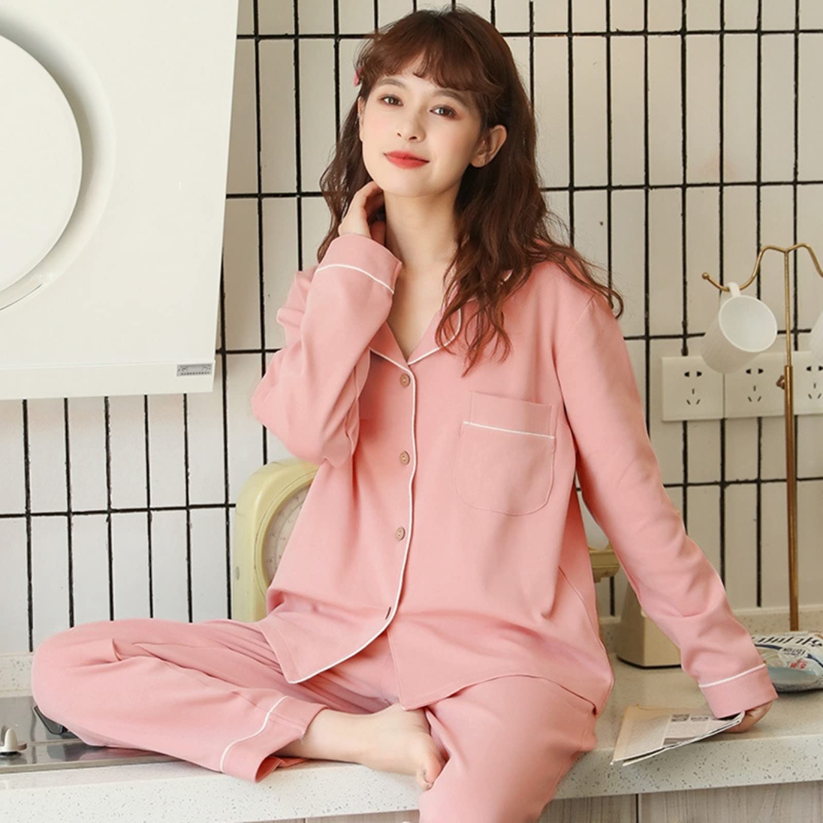 Pijamas de Franela para Invierno y otoño para Mujer y Hombre, Conjuntos de Pijama de 2 Piezas para Mujer, de algodón de Moda, de Manga Larga con Solapa, Sencillos, Rosa Claro, info