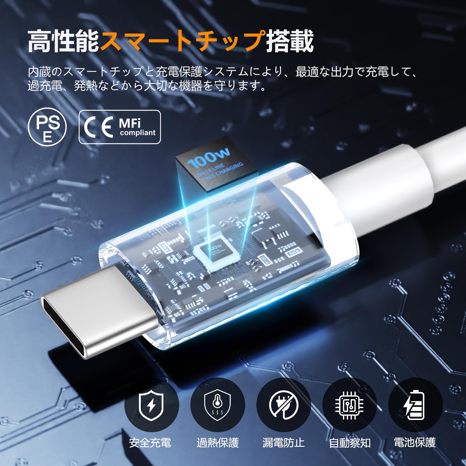 Amazon.co.jp: 【2026正規MFi認証品】USB C ケーブル 100W/5A PD対応