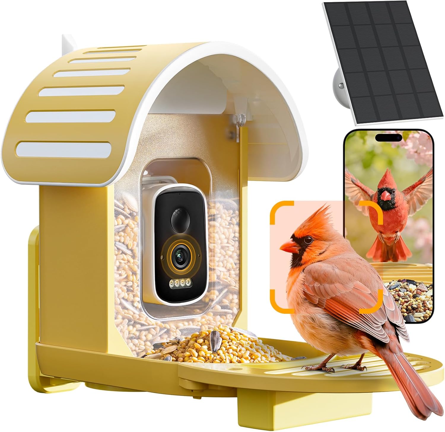 Smart Bird Feeder with Camera, 2.5K UHD Bird Camera AI Identifies 11,000+ Bird’s Species, Real-time Bird’s Videos & Pictures, Solar Powered Wireless Outdoor, Ideal Gift, Yellow