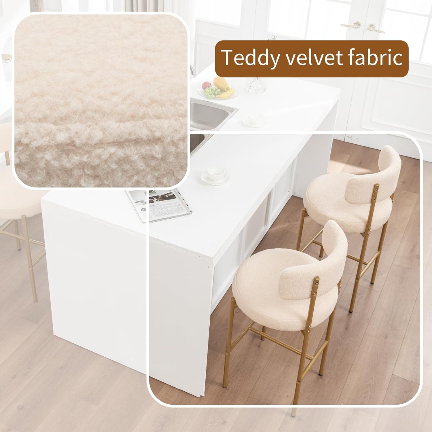 Gold Boucle Bar Stools Set of 4, 26" Modern Counter Stools with Backs, Beige Upholstered Barstools for Kitchen Island, Bar, Cafe