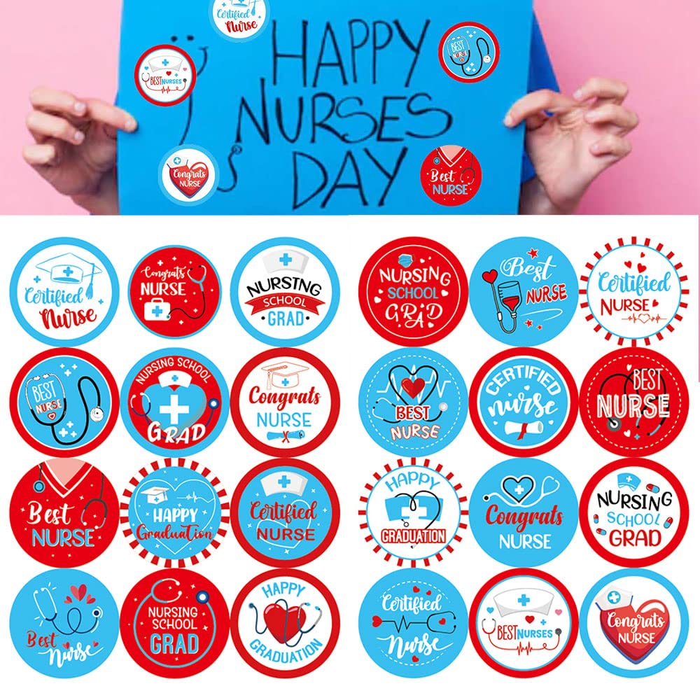Photo 1 of 96 Pcs Nurses Day Stickers Happy Nurses Day Gift Stickers 2" Blue Red Nurses Self Adhesive Stickers Present Decals for Nurse's Day Cards Envelopes Seals Flowers and Gifts Wrapping Decoration