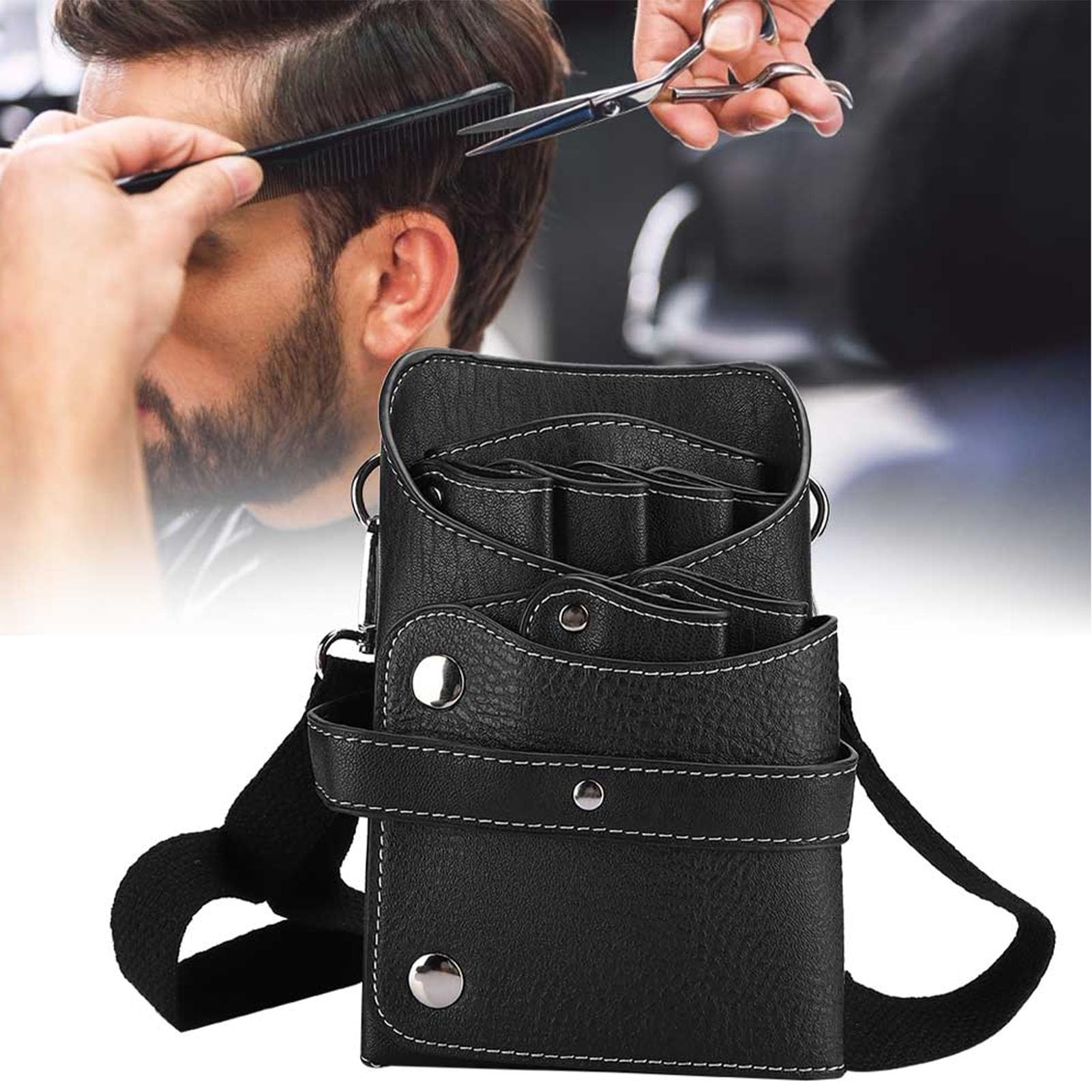 Fyearfly Friseur Tasche mit Gürtel,Barber Werkzeugtasche Friseurtaschen Leder Gürteltasche,Hält Friseurscheren,Clips,Haarbürsten,für Barber Salon(Schwarz)
