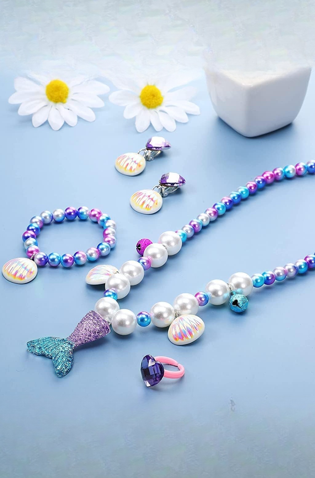 Mermaid Necklace Bracelet Jewellery for Kids Girls Set, Pearl Beads Necklace/Bracelet, Sling Bag, Hair Bow, Seashell Earrings, Ring Combo Kit for Party Costume Jewelry Supplies Gift