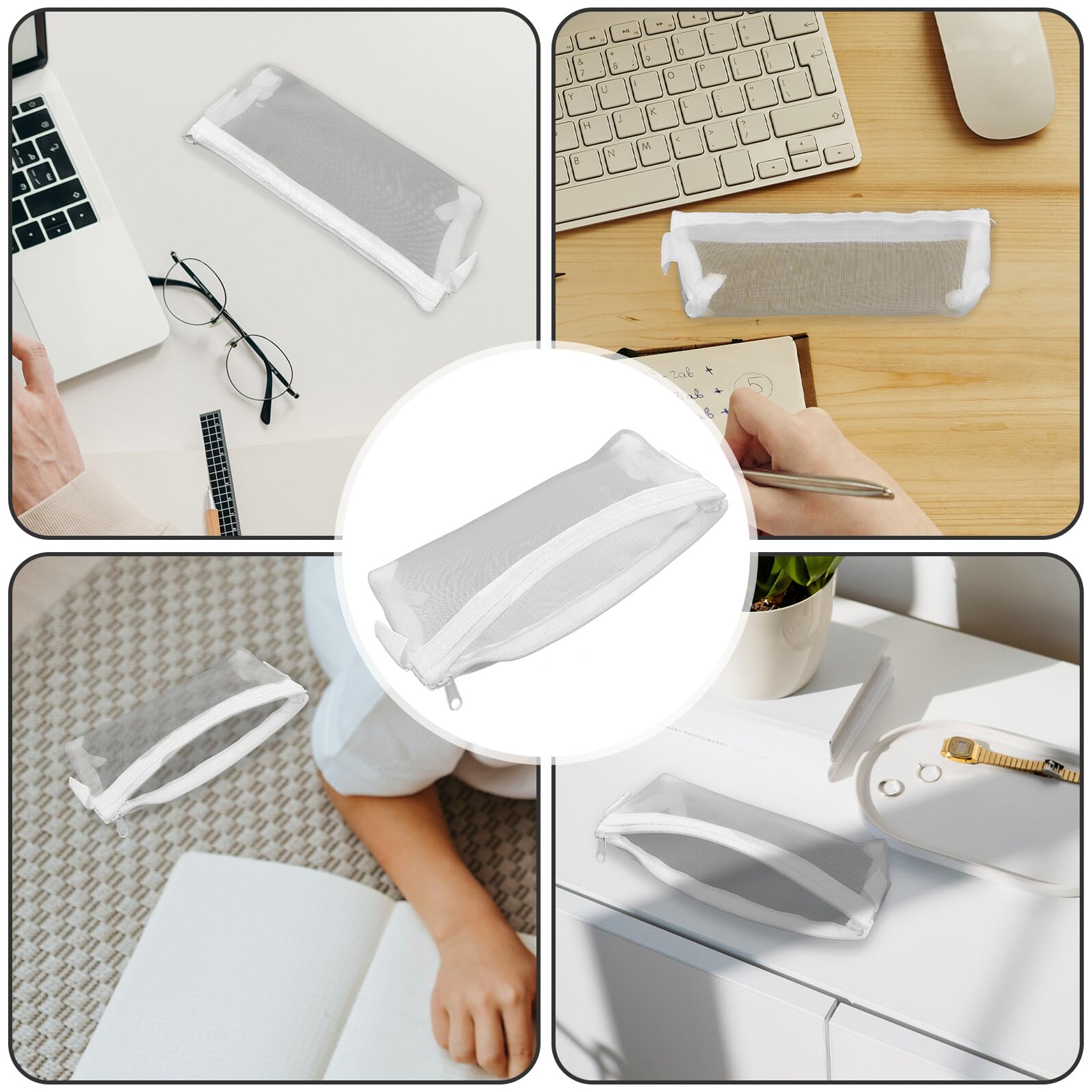 Mobestech Trousse à Stylos Transparente en Filet Fermeture Éclair, Grosse Capacité, Format Compact, pour Rangement Scolaire et Bureau, Pochette Organisée Pratique et Légère, 1 Pièce Blanche