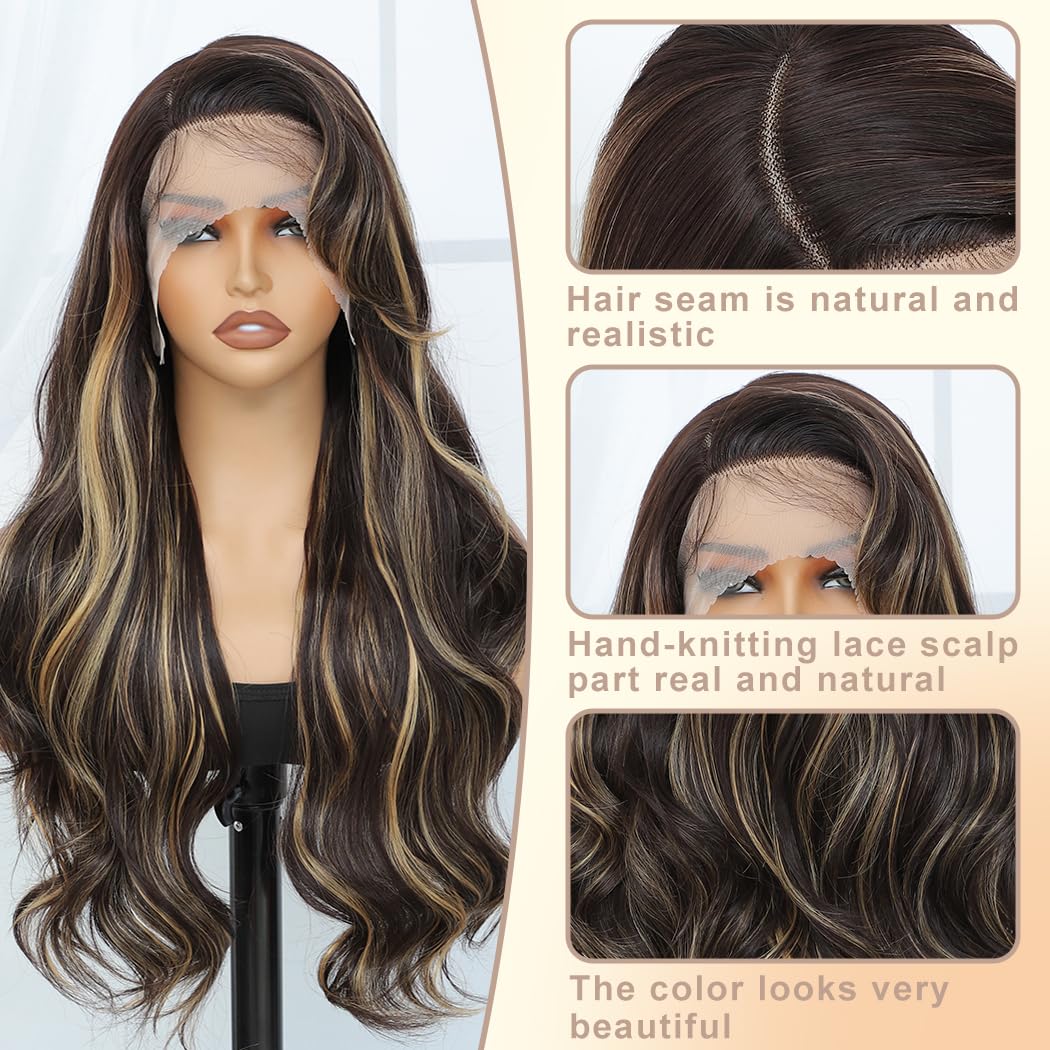 Highlight Synthetic Lace Front Wig, Brown Blonde Highlights Wig Pre-Plucked HD Glueless 13X4X1 Long Wavy Lace Front Wig For Black Women 26inch Suitable For Everyday Wear