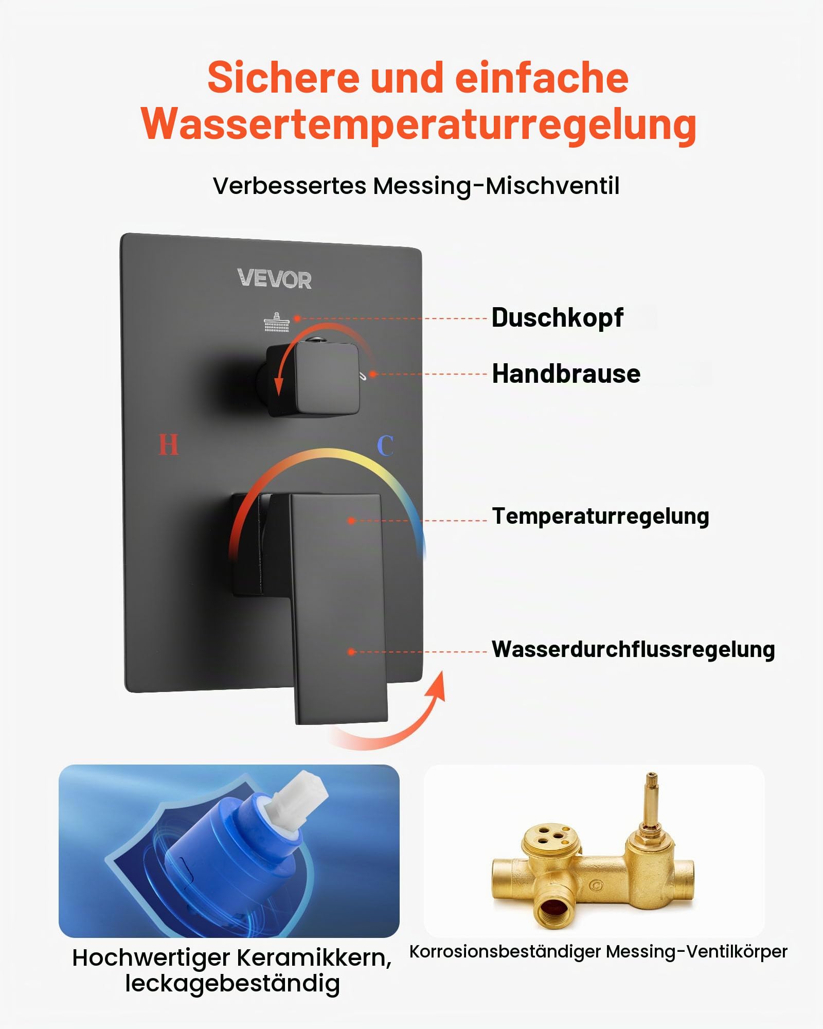 VEVOR Duscharmatur Regenduschsystem fürs Badezimmer Duschsystem mit 305 mm quadratischen Regenduschkopf & Handbrause, wandmontierte Badezimmerarmaturen mit Messingventil & Zierset, Mattschwarz