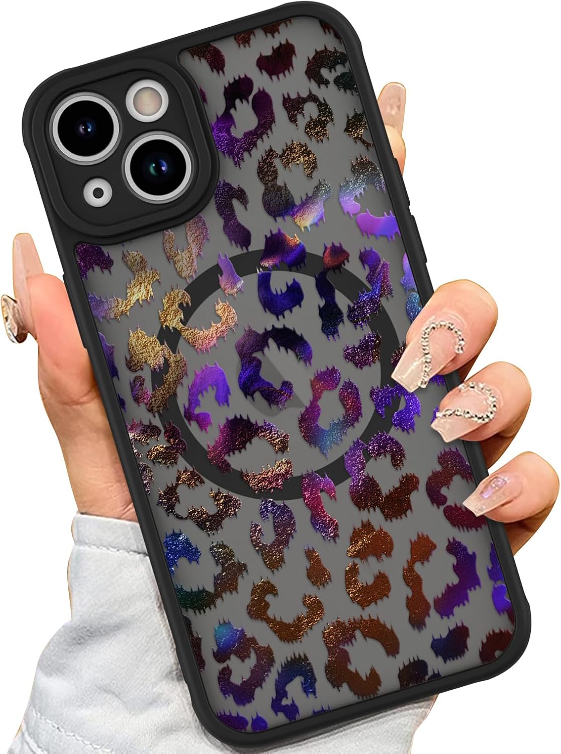 AIGOMARA Case for iPhone 15 Plus [Compatible with MagSafe] Purple Gold Leopard Pattern Design for Women Girls Men Soft TPU Bumper Hard PC Back Anti-Fall Shockproof Protective Slim Magnetic Cover