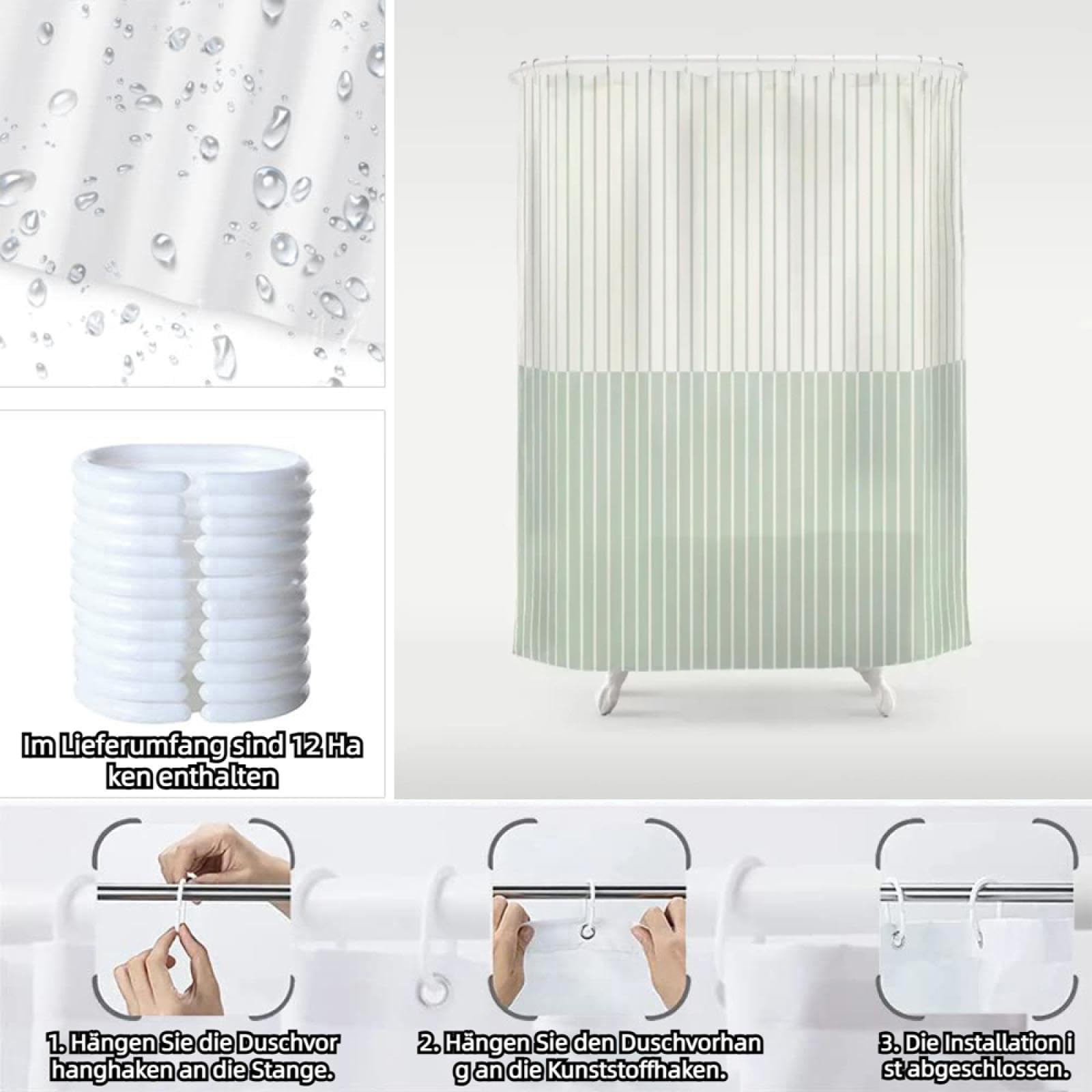Duschvorhang 240x200 cm Grün Weiß Streifen Duschvorhang Einfach Design modernes Textil Anti-schimmel Wasserdicht Waschbar Badvorhang für Badezimmer Badewannen Toilette mit 12 Haken