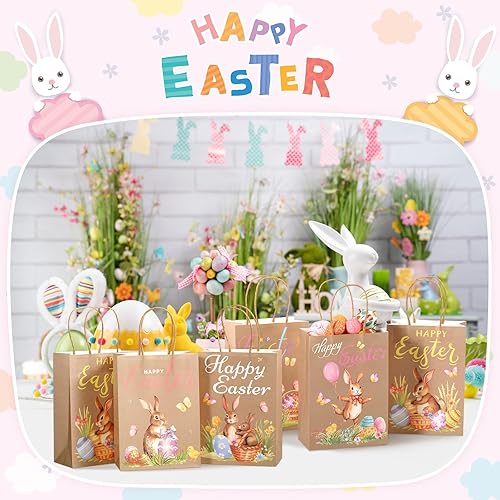 Miniatura 7 de Capoda 24 bolsas de regalo de Pascua, bolsas de papel kraft con asas para dulces decoradas con diseño de caza de huevos de Pascua y pollitos para