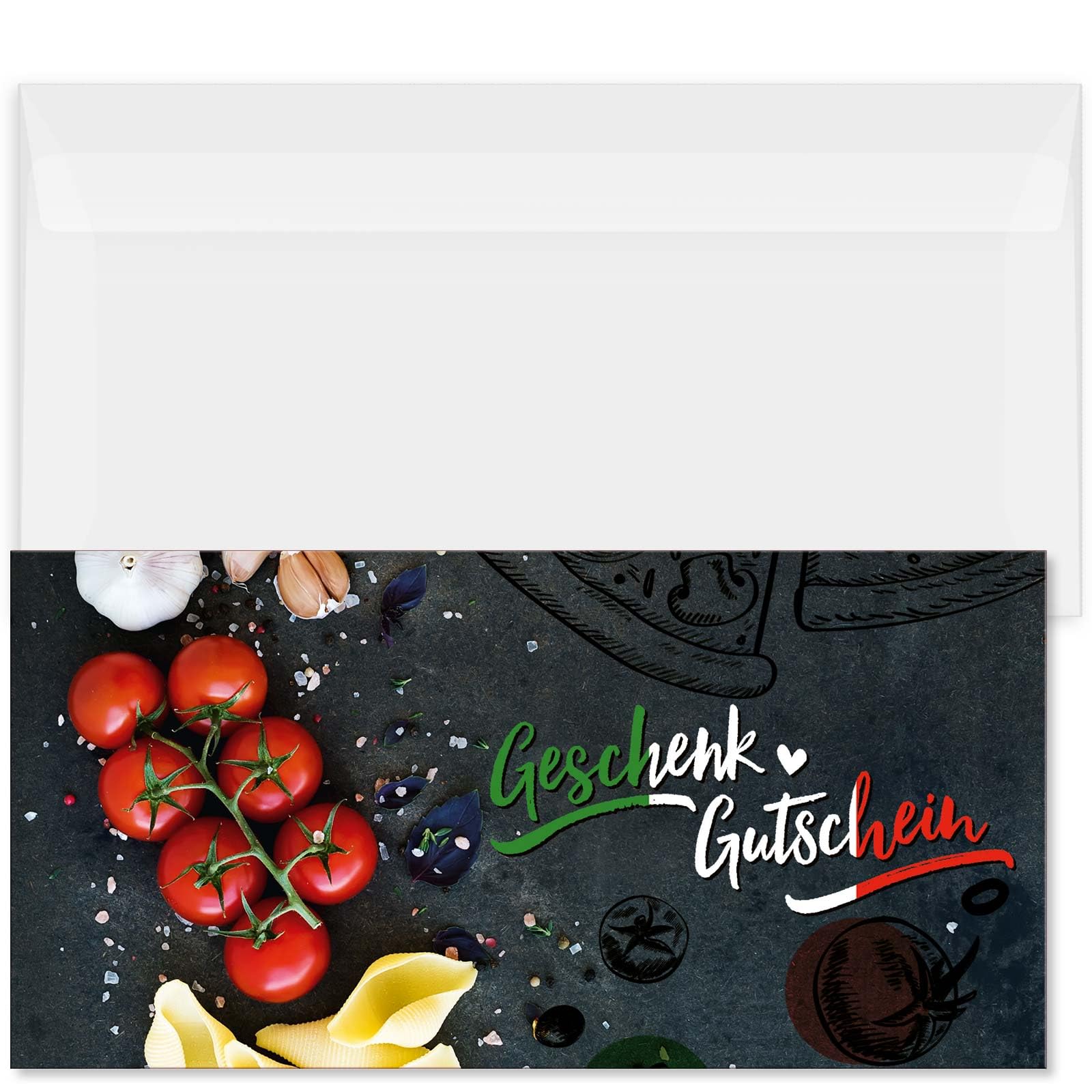 Gutschein-Set. 100x Gutschein + Kuvert. Für Restaurant Pizzeria, blanko zum selber Ausfüllen.