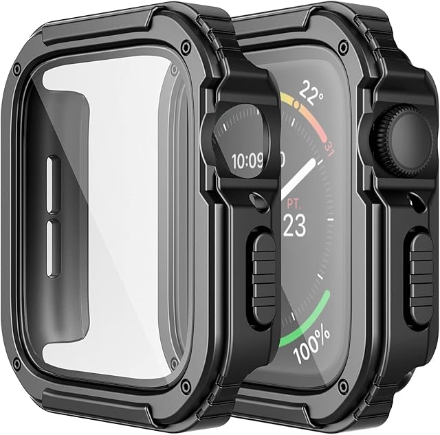 Adepoy 2 Pack Rugged Case Compatible for Apple Watch Series 8/7 45mm with Tempered Glass Screen Protector, Military Grade Hard TPU Bumper Overall Shockproof Protective Cover for iWatch(Black/Black)