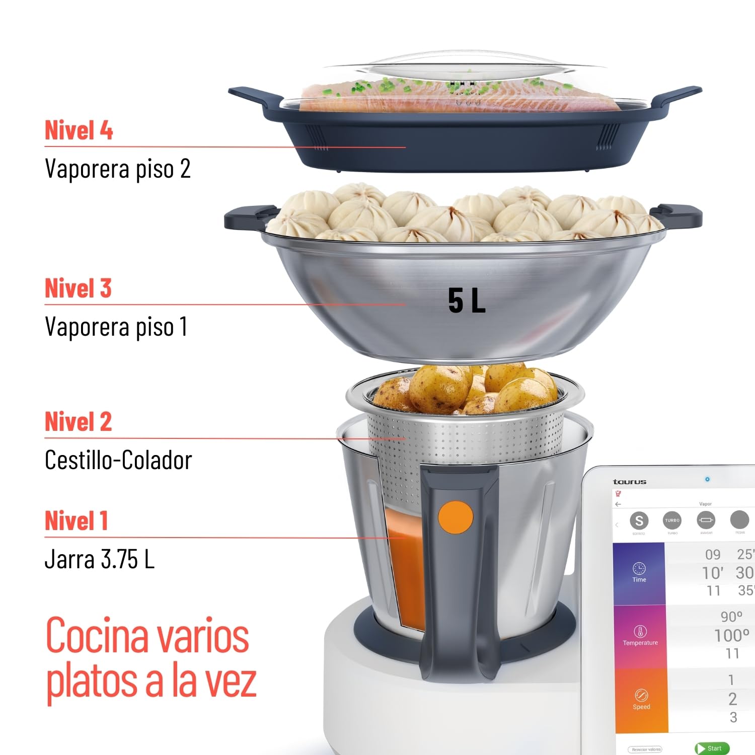 Taurus Mycook Next - Robot de Cocina con wifi, pantalla XXL, cocina por voz, inducción, cocción lenta o alta temperatura, sous-vide, 30 funciones, 2000W, jarra 3.75L, app mycook + accesorios