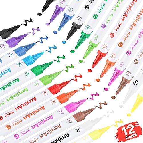 OLINGYOU Bolígrafos de pintura acrílica de 12 colores, bolígrafos de doble punta con punta media y punta de pincel para pintura en roca, cerámica,