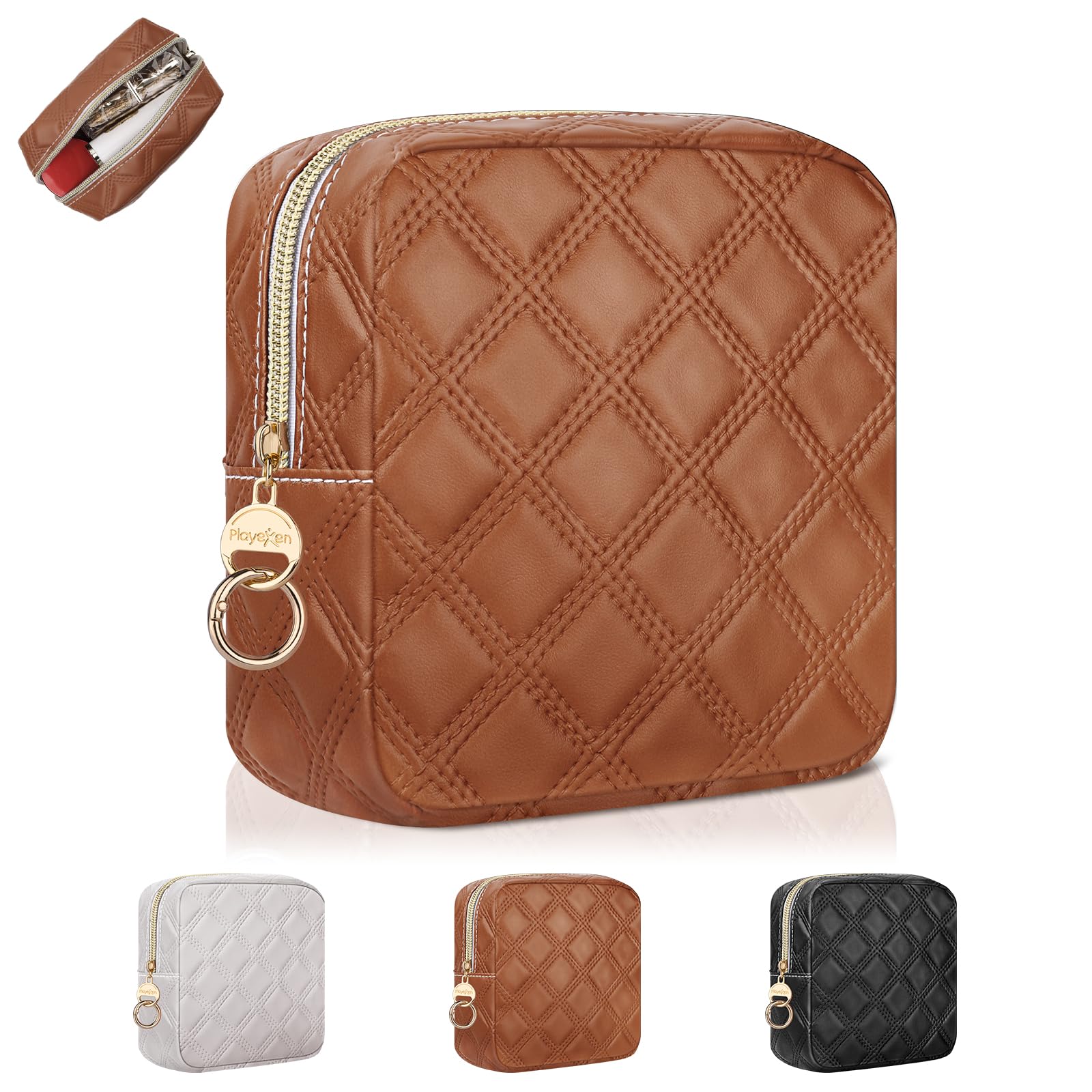 Mini Kosmetiktasche Klein Make up Tasche Kleine Kulturbeutel wasserdichte PU Tragbare Schminktasche für Damen Reisezubehör-Organizer Multifunktional Kulturtasche Geldbörse Geschenk für Frauen(Braun)