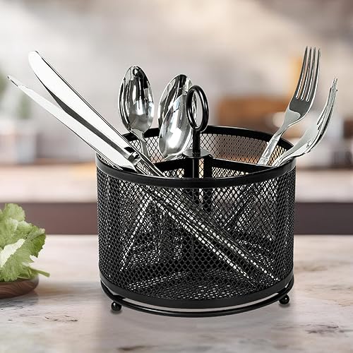 Miniatura 1 de Soporte de metal para utensilios de cocina, organizador giratorio de 3 compartimentos, organizador de cubiertos, cuchara, tenedor, almacenamiento